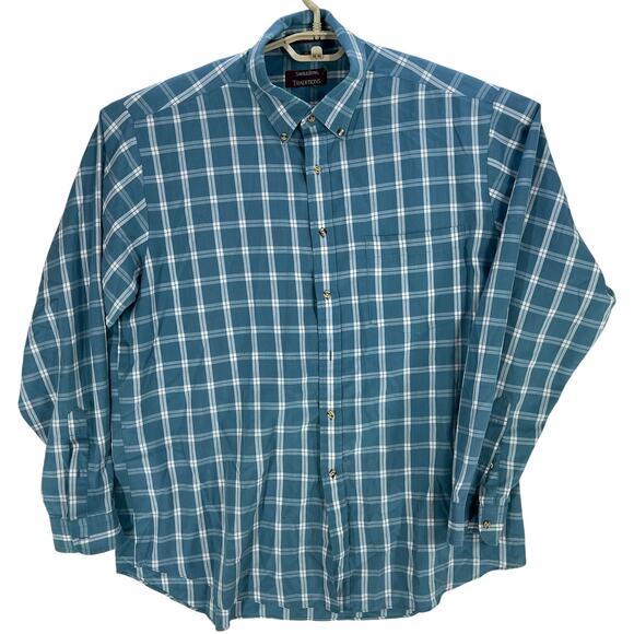 Savile Row Men Button Up Shirt XL Blue White Plaid Long Sleeves MISSING A BUTTON - Picture 1 of 5